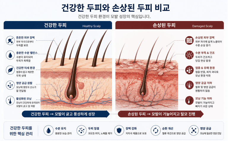 건강한 두피와 손상된 두피 환경 비교