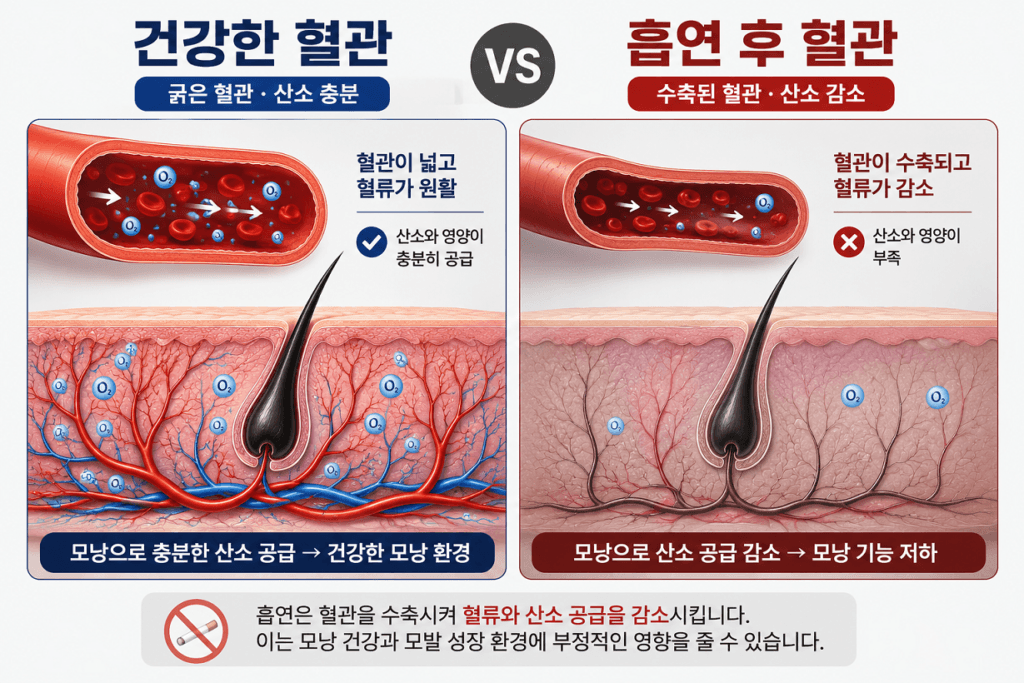 건강한 혈관과 흡연 후 수축된 혈관 비교