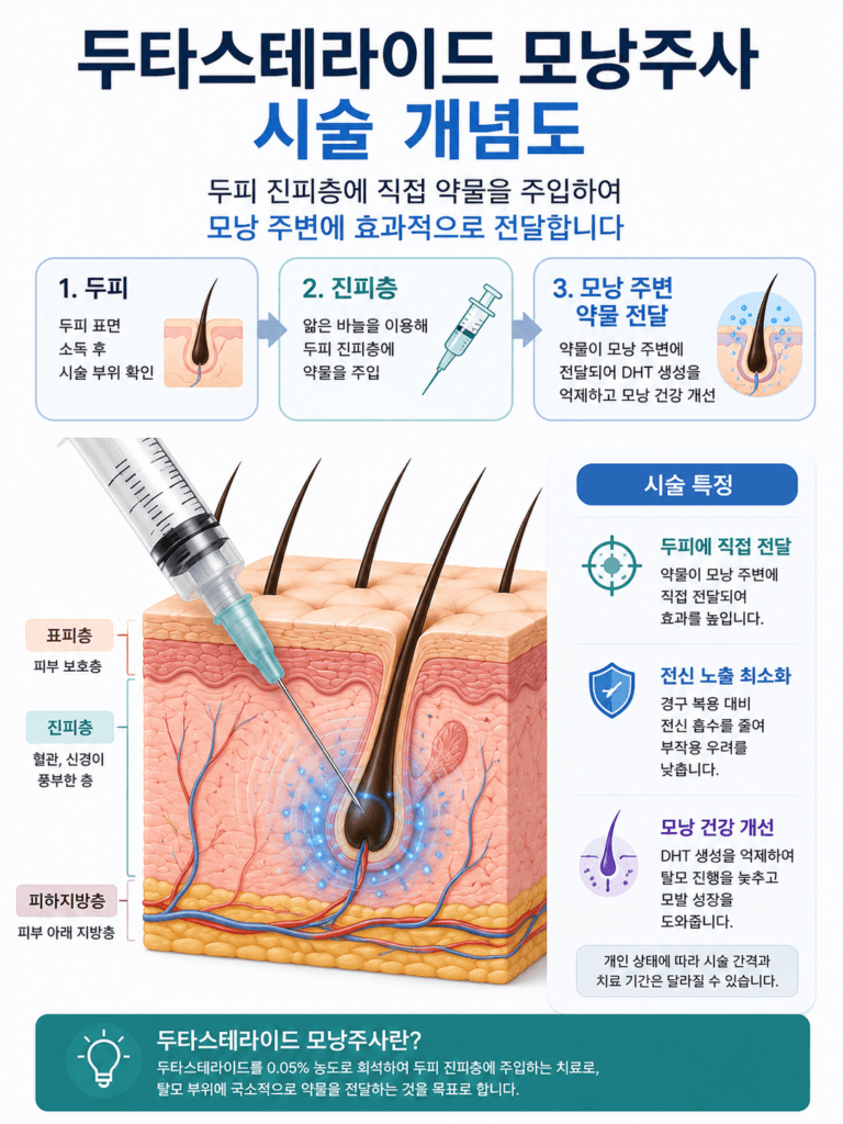 두타스테라이드 모낭주사 시술 개념도(두피 → 진피층 → 모낭 주변 약물 전달)