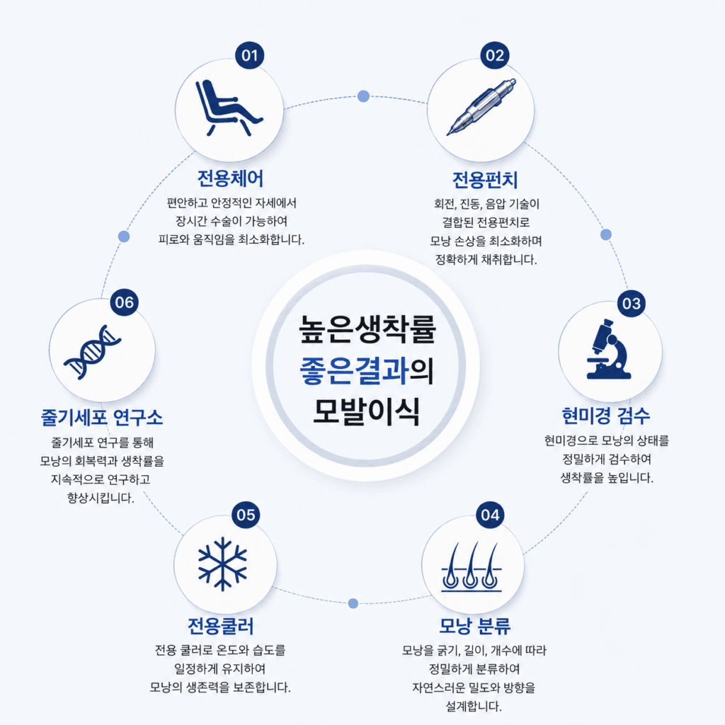 모디헤어플란트의원의 모발이식 6단계 시스템 인포그래픽