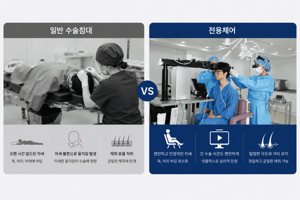 모발이식 전용 체어에서 비절개 모낭 채취를 진행하는 모습