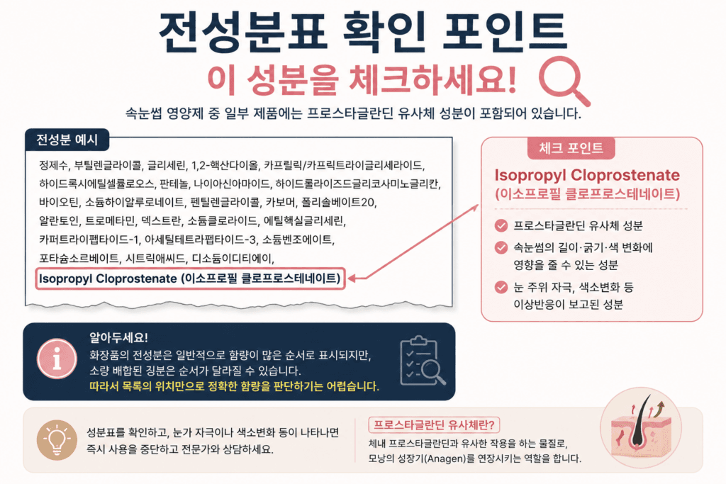 속눈썹 영양제 전성분표에서
프로스타글란딘 유사체
이소프로필 클로프로스테네이트 확인 방법
