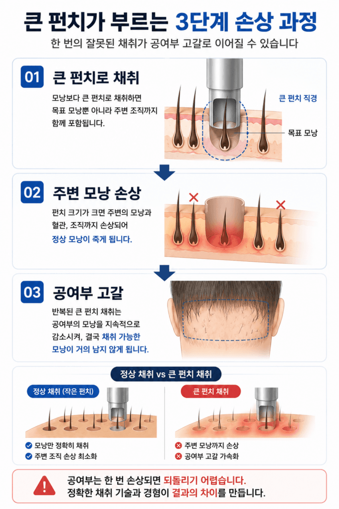 큰 펀치 사용으로 주변 모낭이 손상되는 과정