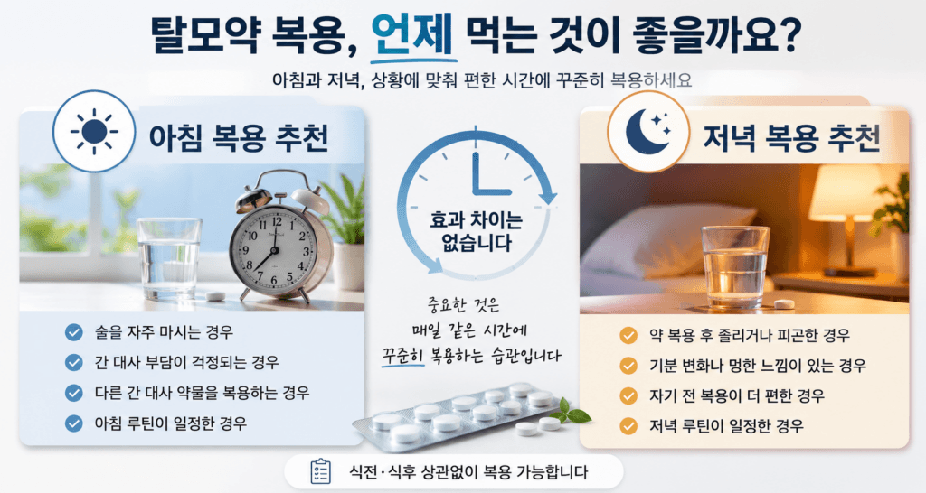 탈모약 복용은 아침이 좋을까 저녁이 좋을까에 대해 설명하는 이미지