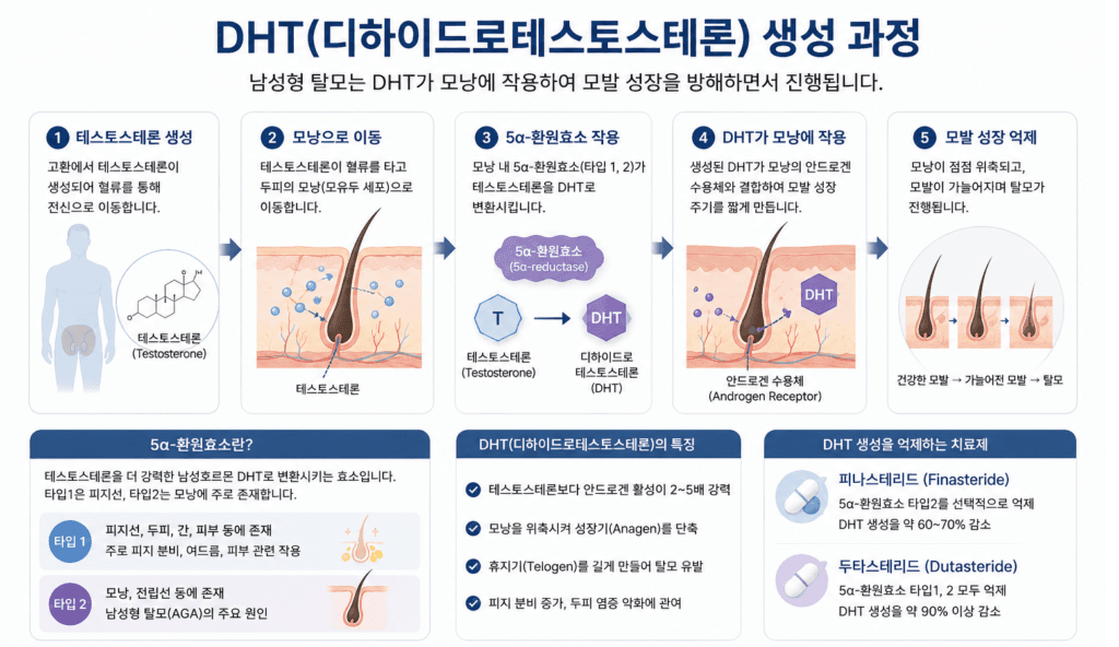 DHT 생성 과정과 5α 환원효소 작용