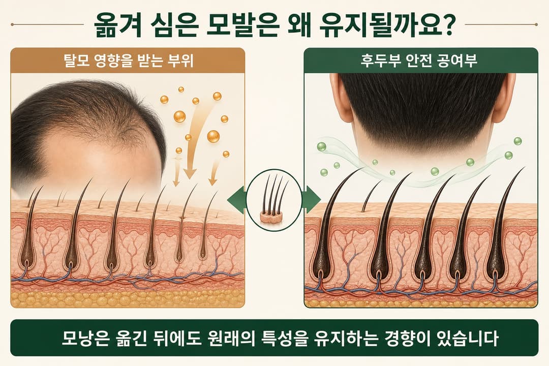탈모 영향을 받는 부위와 후두부 안전 공여모의 차이 및 모발이식 원리