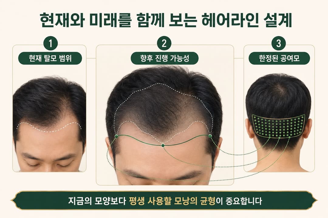 현재 탈모와 향후 진행 가능성 및 공여모를 고려한 모발이식 헤어라인 설계