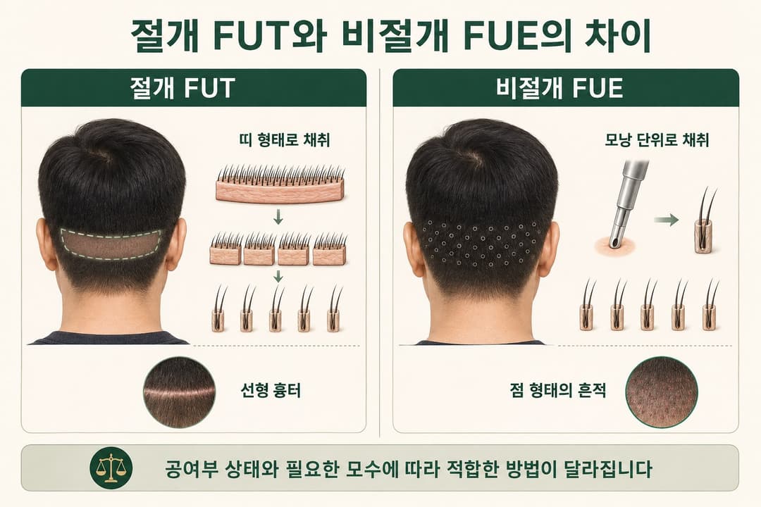 절개 FUT와 비절개 FUE 모발이식의 모낭 채취 방법 및 흔적 비교