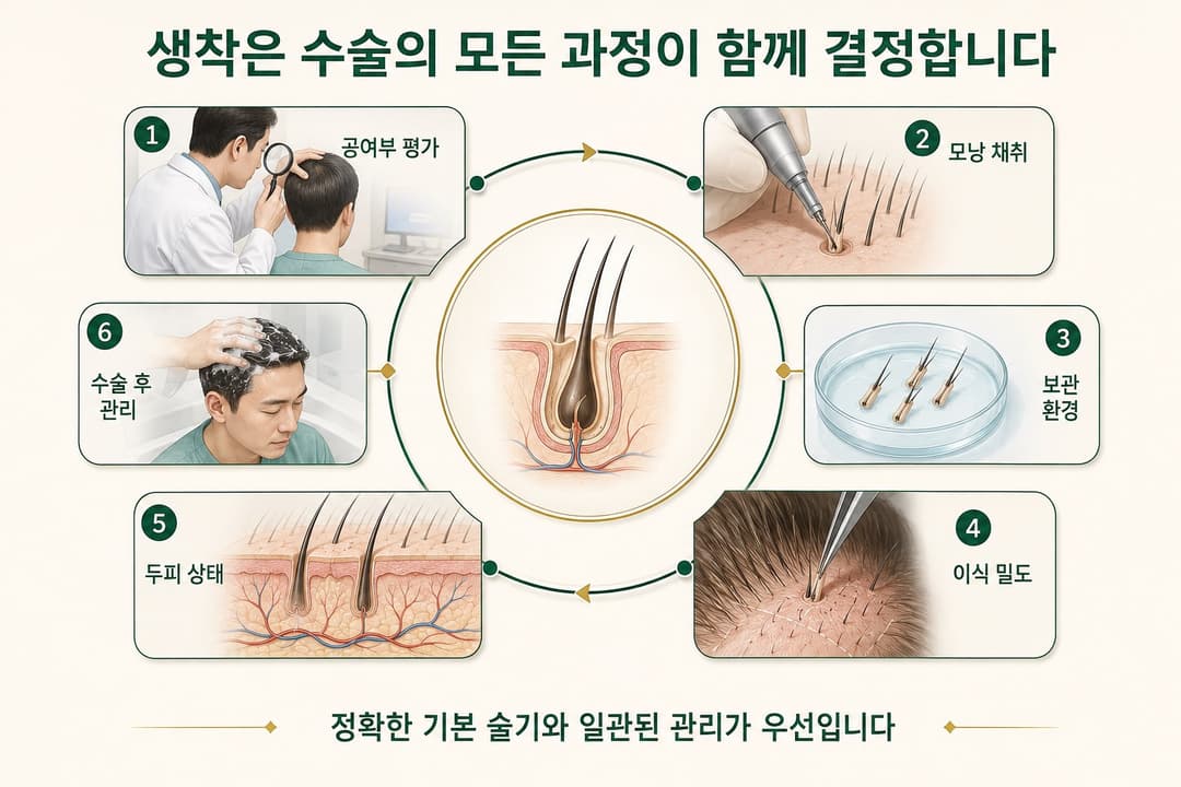 모발이식 생착에 영향을 주는 공여부 평가 모낭 채취 보관 이식 밀도 두피 상태와 수술 후 관리