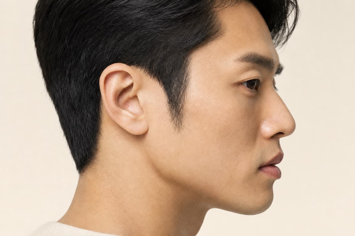구레나룻과 관자 헤어라인이 자연스럽게 정돈된 남성 옆모습