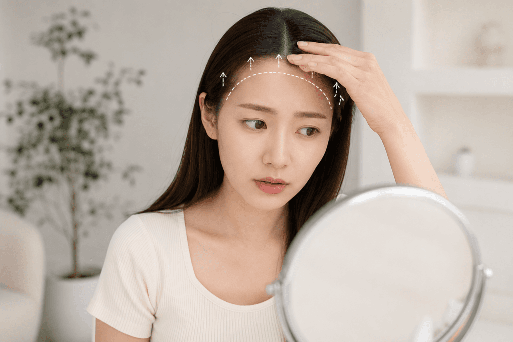 広いおでこに悩む女性。おでこ縮小術と毛髪移植によるヘアライン矯正のうち、どちらの方法が良いか悩む