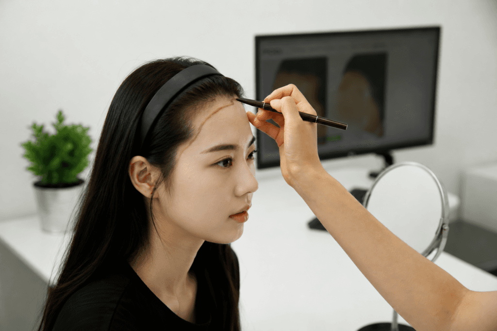広いおでこを持つ女性が毛髪移植のためのヘアラインをデザインする場面の写真
