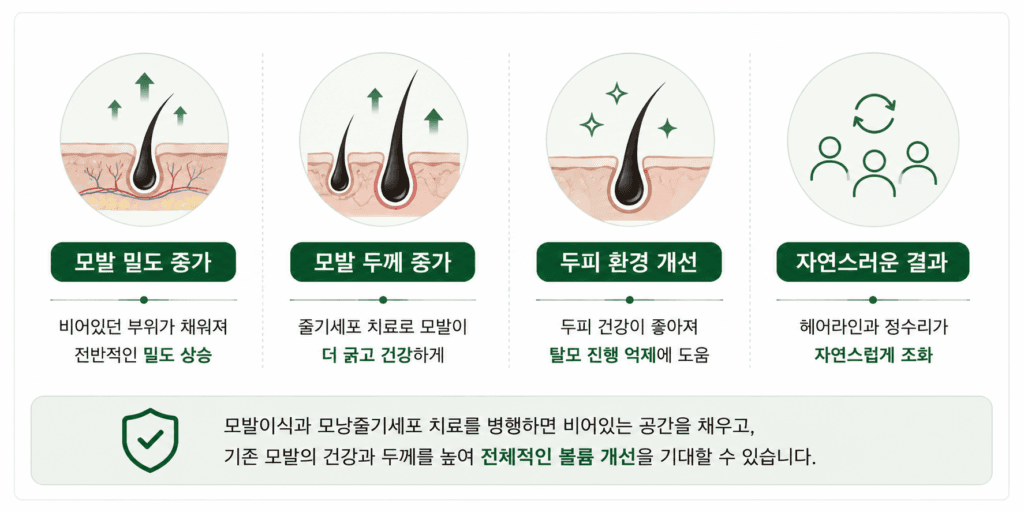 모발이식과 모낭줄기세포 치료를 병행했을때 효과를 정리한 이미지