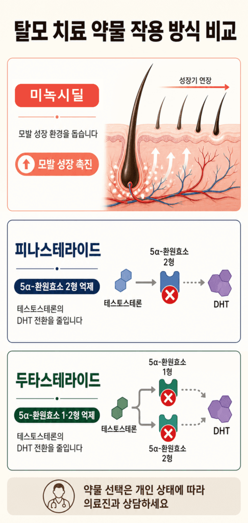 미녹시딜 피나스테라이드 두타스테라이드의 탈모 치료 작용 방식 비교
