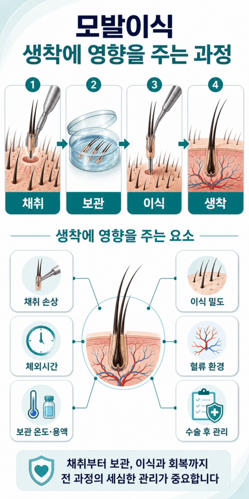 모발이식 생착률에 영향을 미치는 모낭 채취 보관 이식 과정