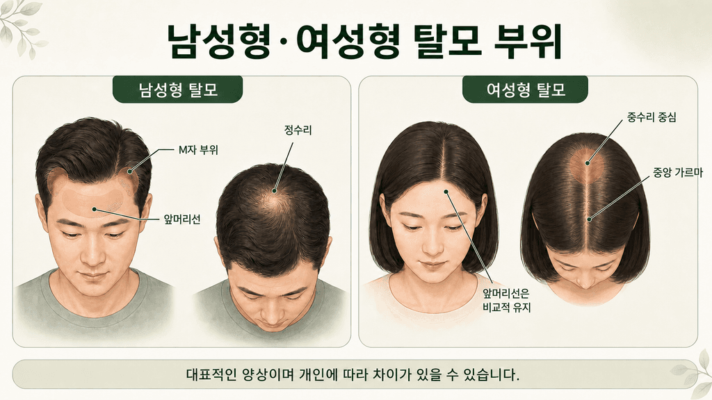 남성형 탈모와 여성형 탈모에서 흔히 나타나는 부위