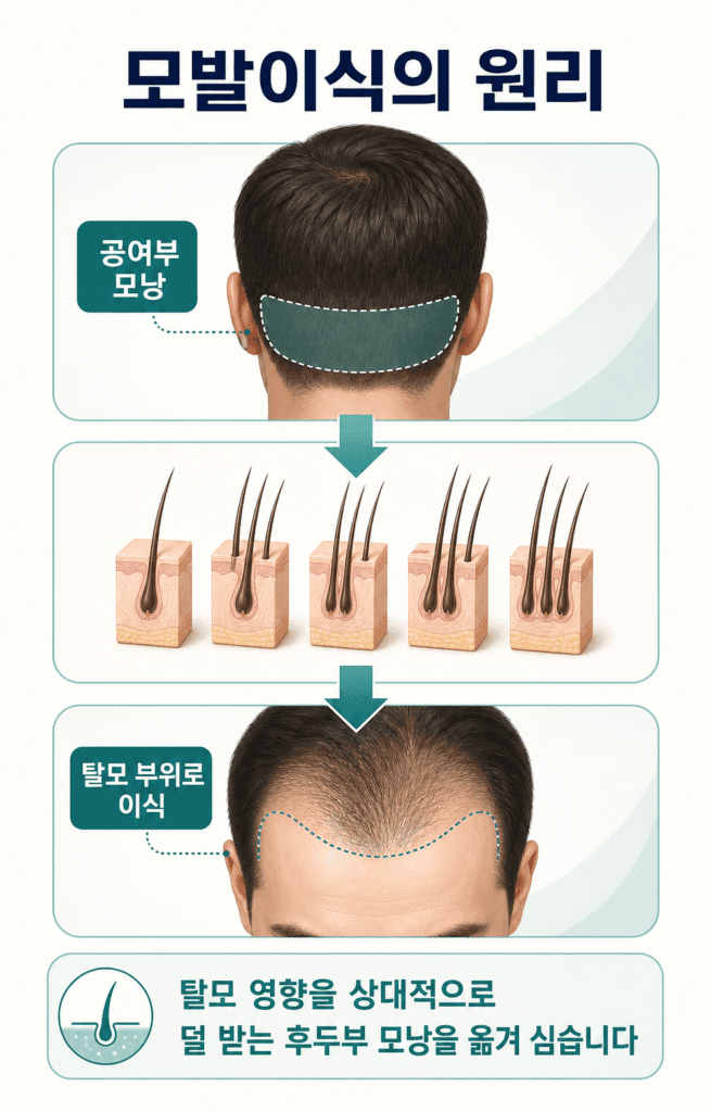 후두부 모낭을 탈모 부위로 옮기는 모발이식 원리