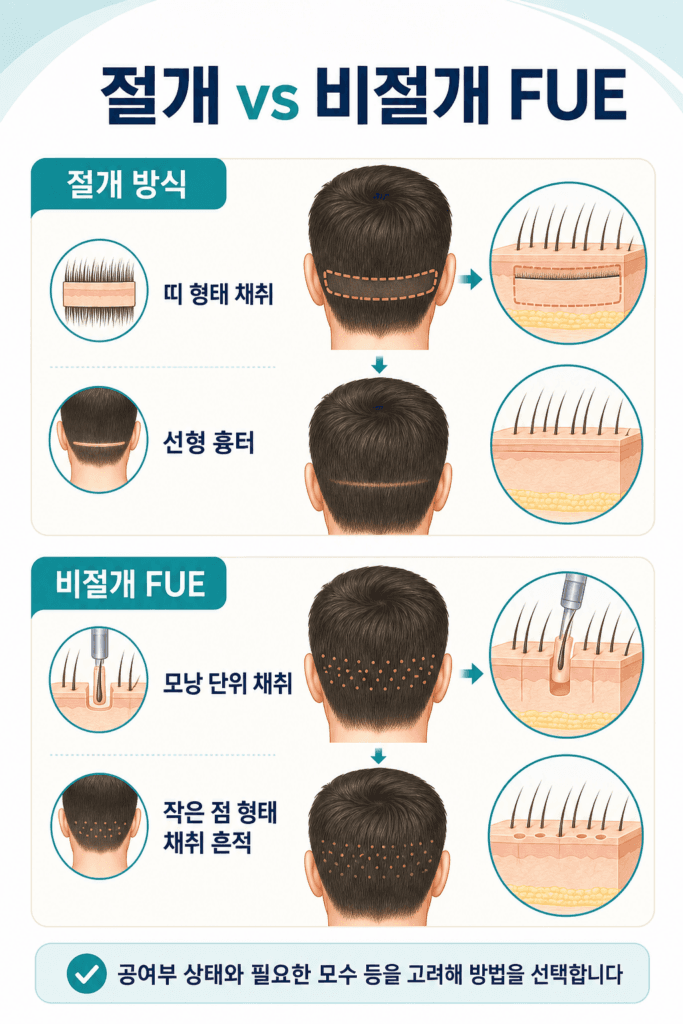 절개 모발이식과 비절개 FUE 모발이식 차이