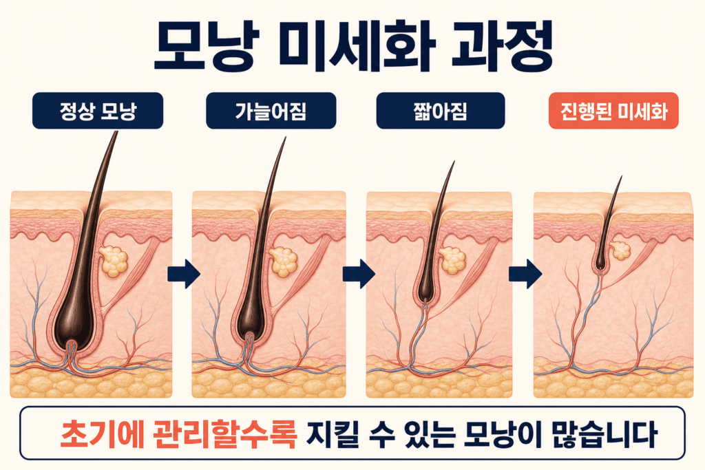 탈모가 진행되면서 정상 모낭이 점차 미세화되는 과정