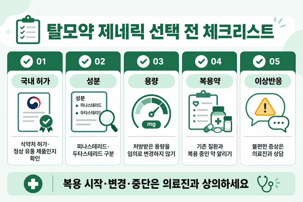 탈모약 제네릭 선택 시 국내 허가, 성분, 용량, 복용약과 이상반응 확인 체크리스트