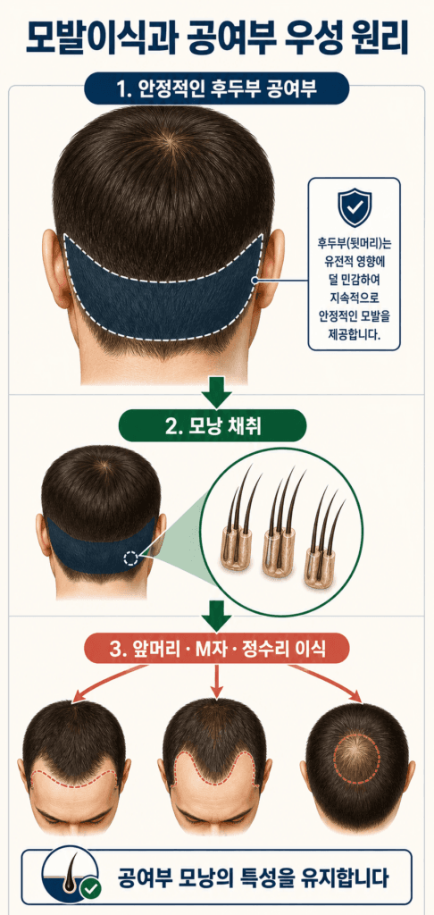 후두부 공여부의 모낭을 탈모 부위로 옮겨 심는 모발이식 원리
